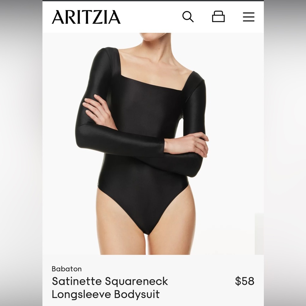 BRAND NEW Aritzia / Babaton black satinette long sleeve thong bodysuit size M